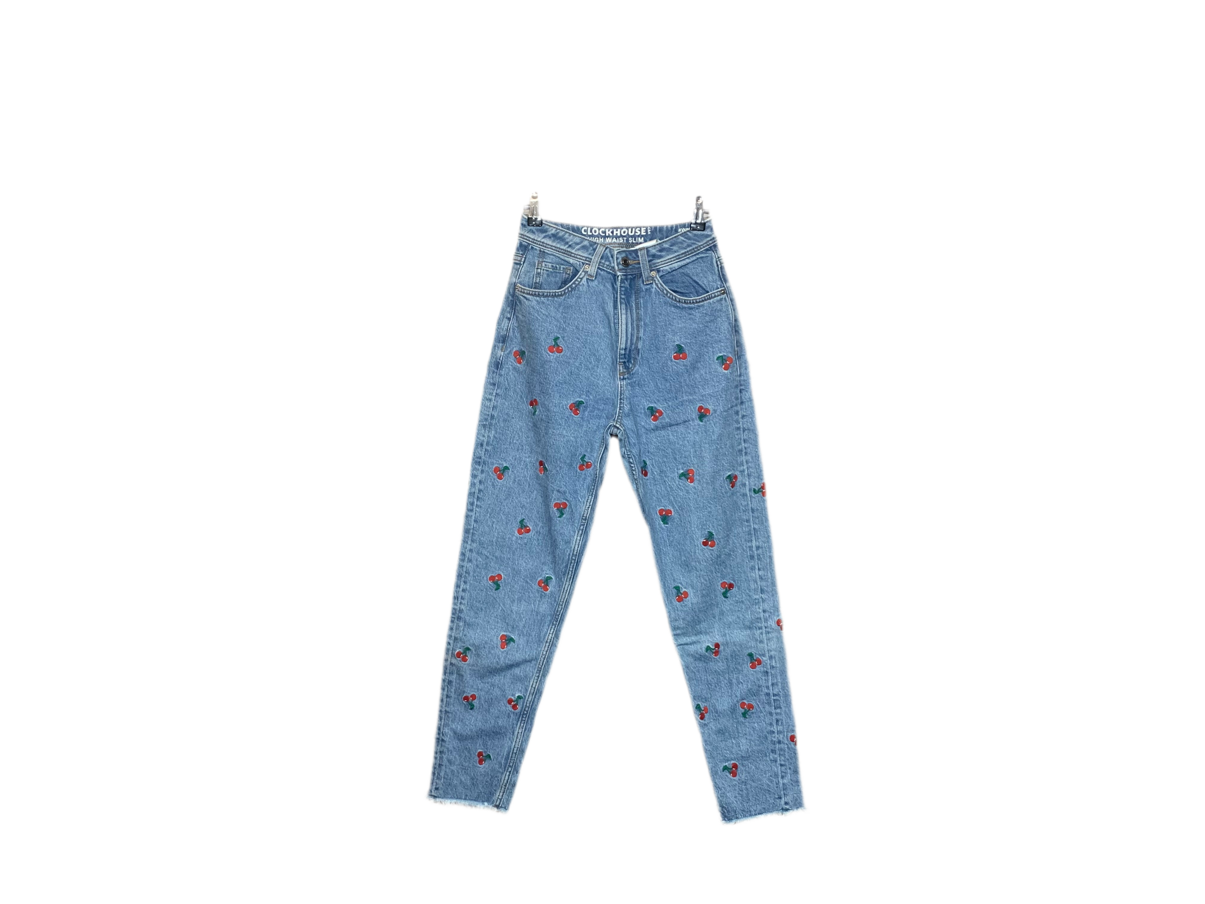 Jean slim taille haute - broderies cerise
