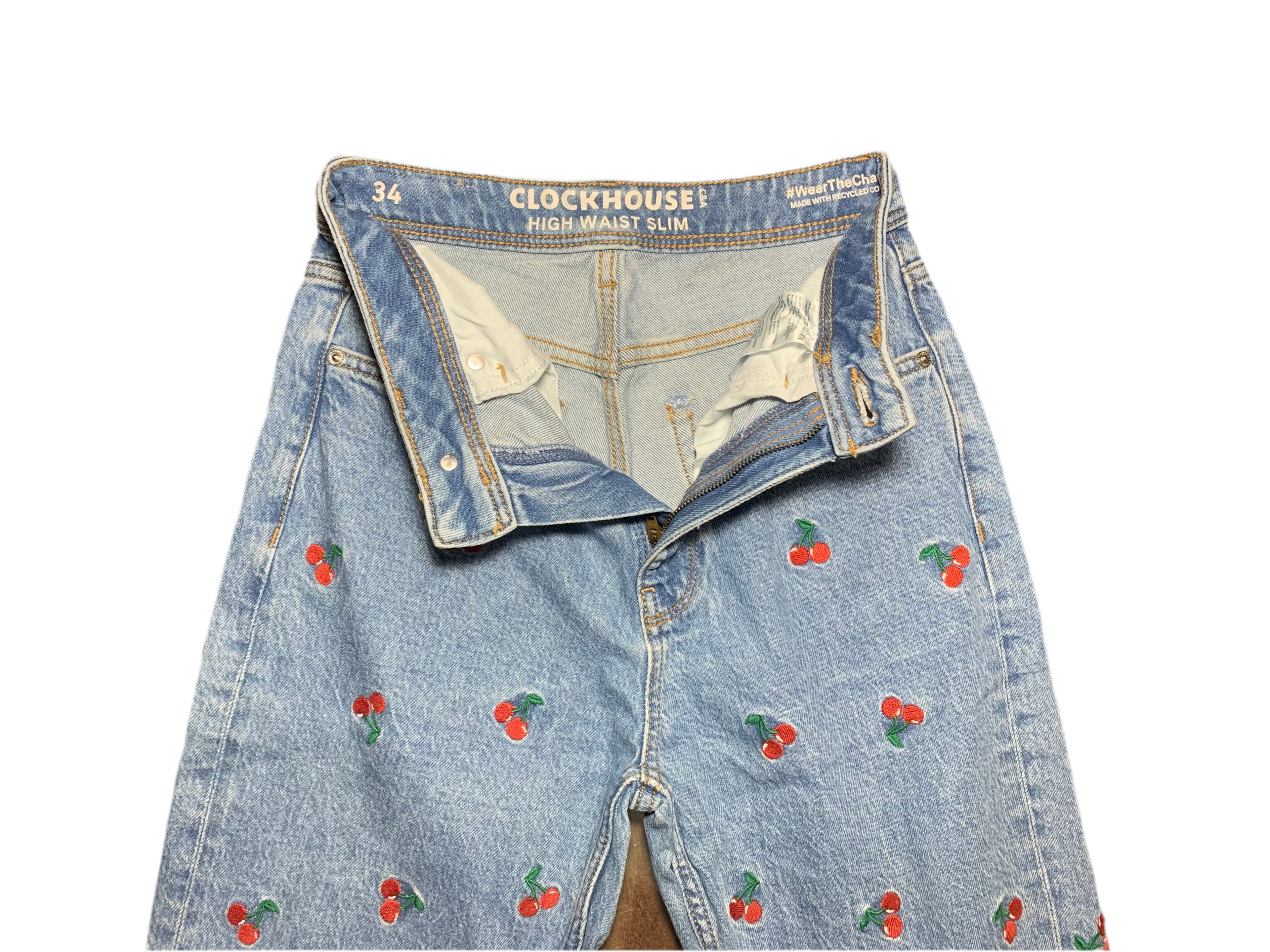 Jean slim taille haute - broderies cerise