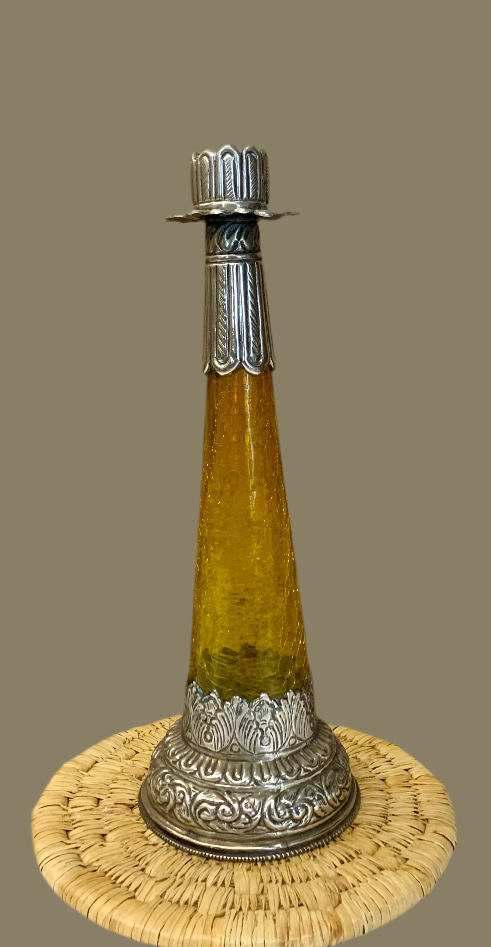 Bougeoir vintage en verre ambré et métal