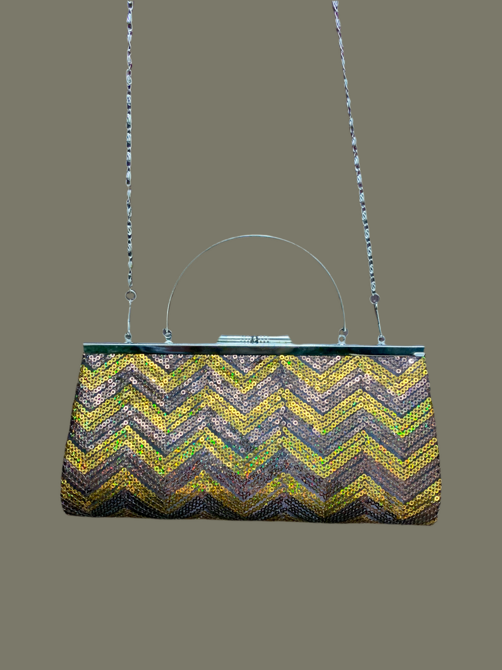 Sac pochette doré et marron à sequins – motif géométrique chevrons