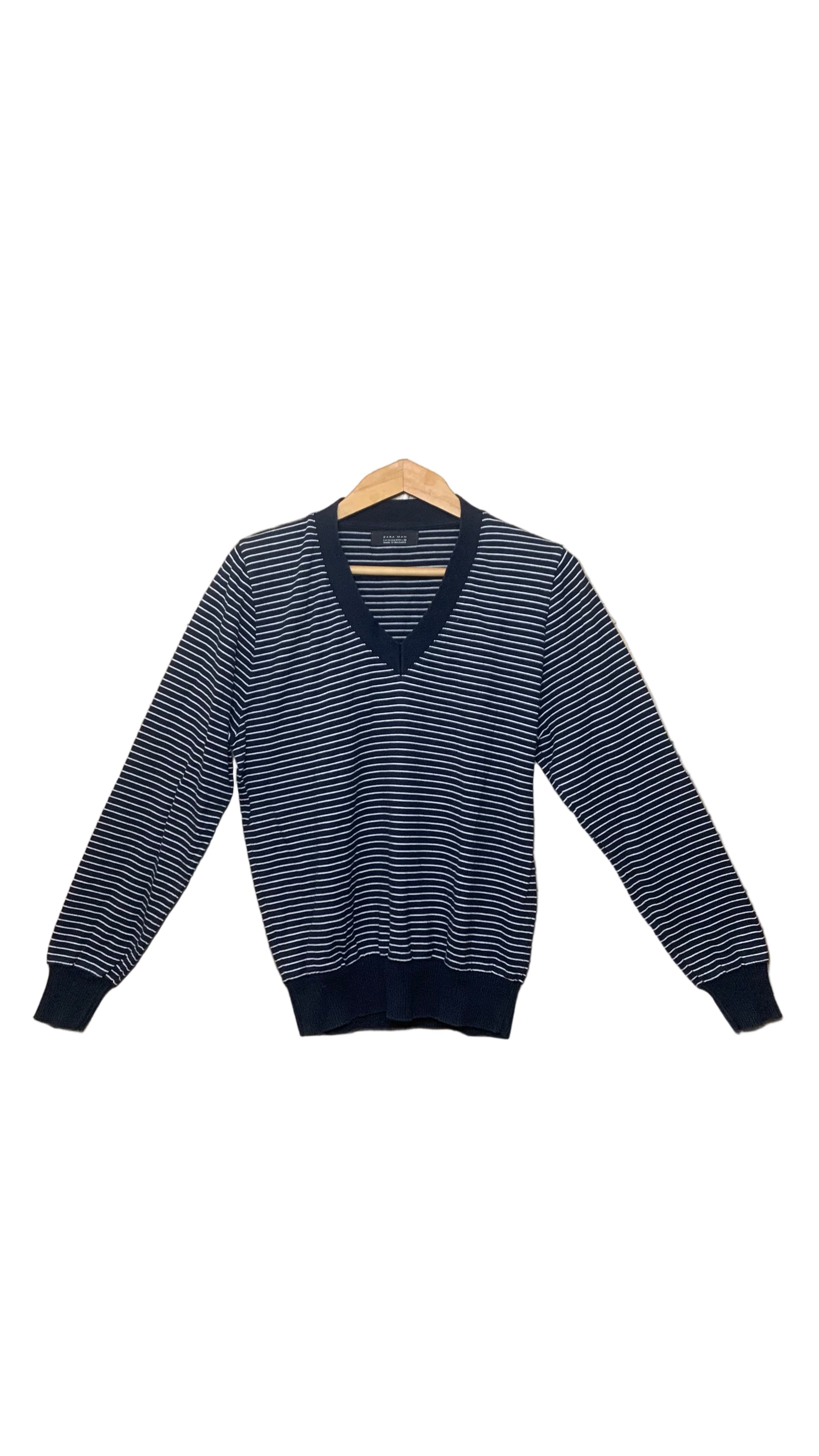 Pull col V bleu marine à rayures blanches – Zara Man