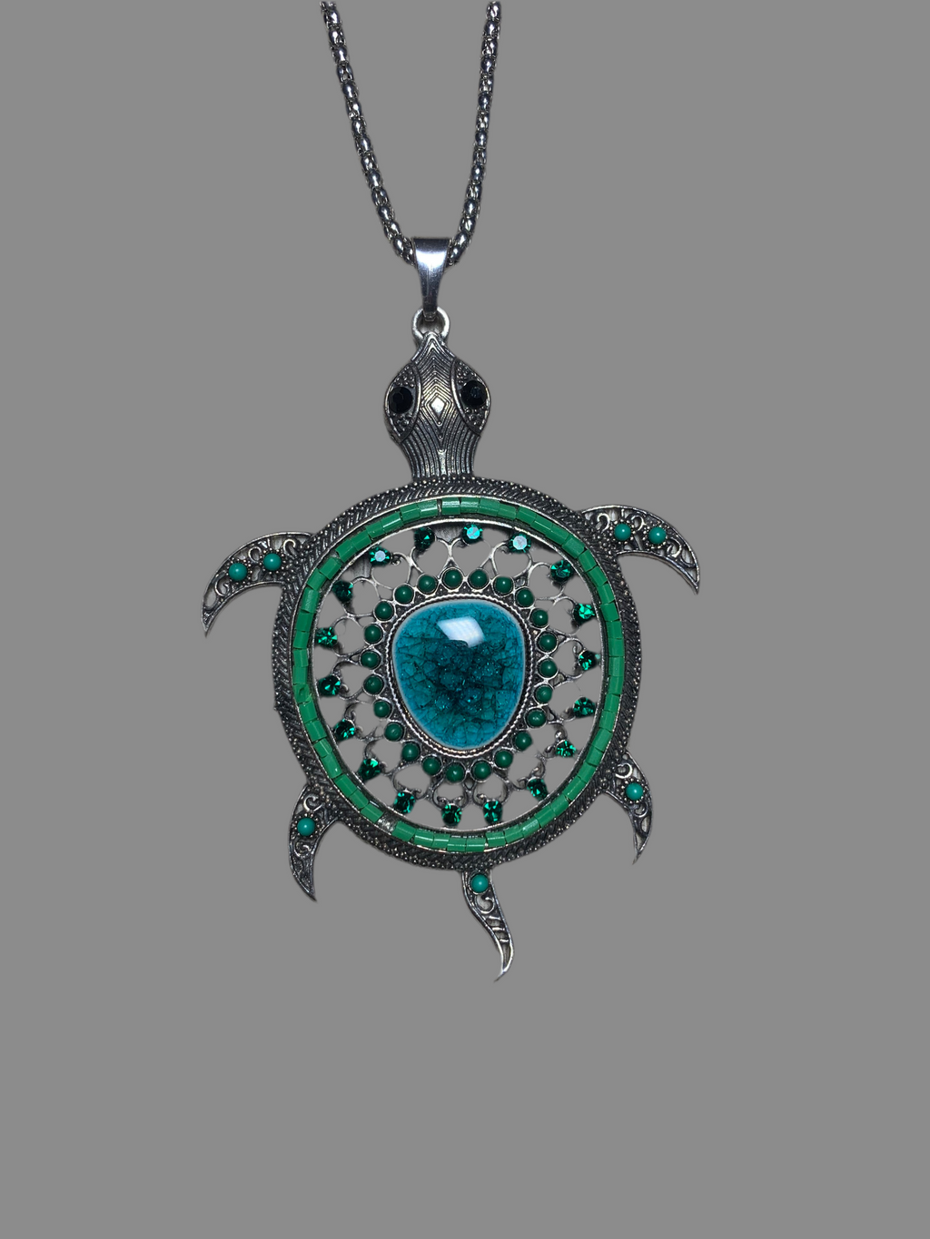 Collier pendentif tortue marine argentée - pierre turquoise