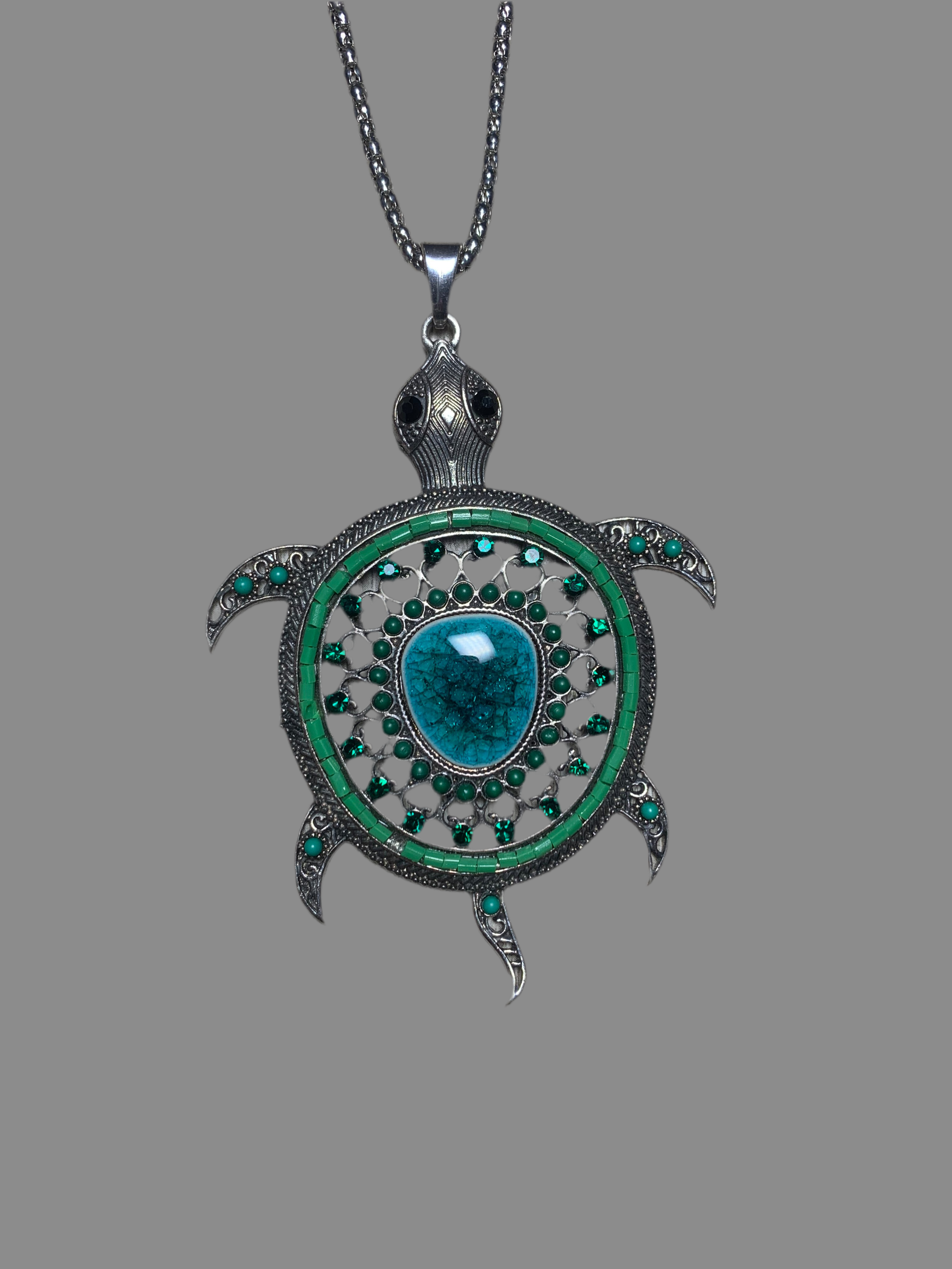 Collier pendentif tortue marine argentée - pierre turquoise