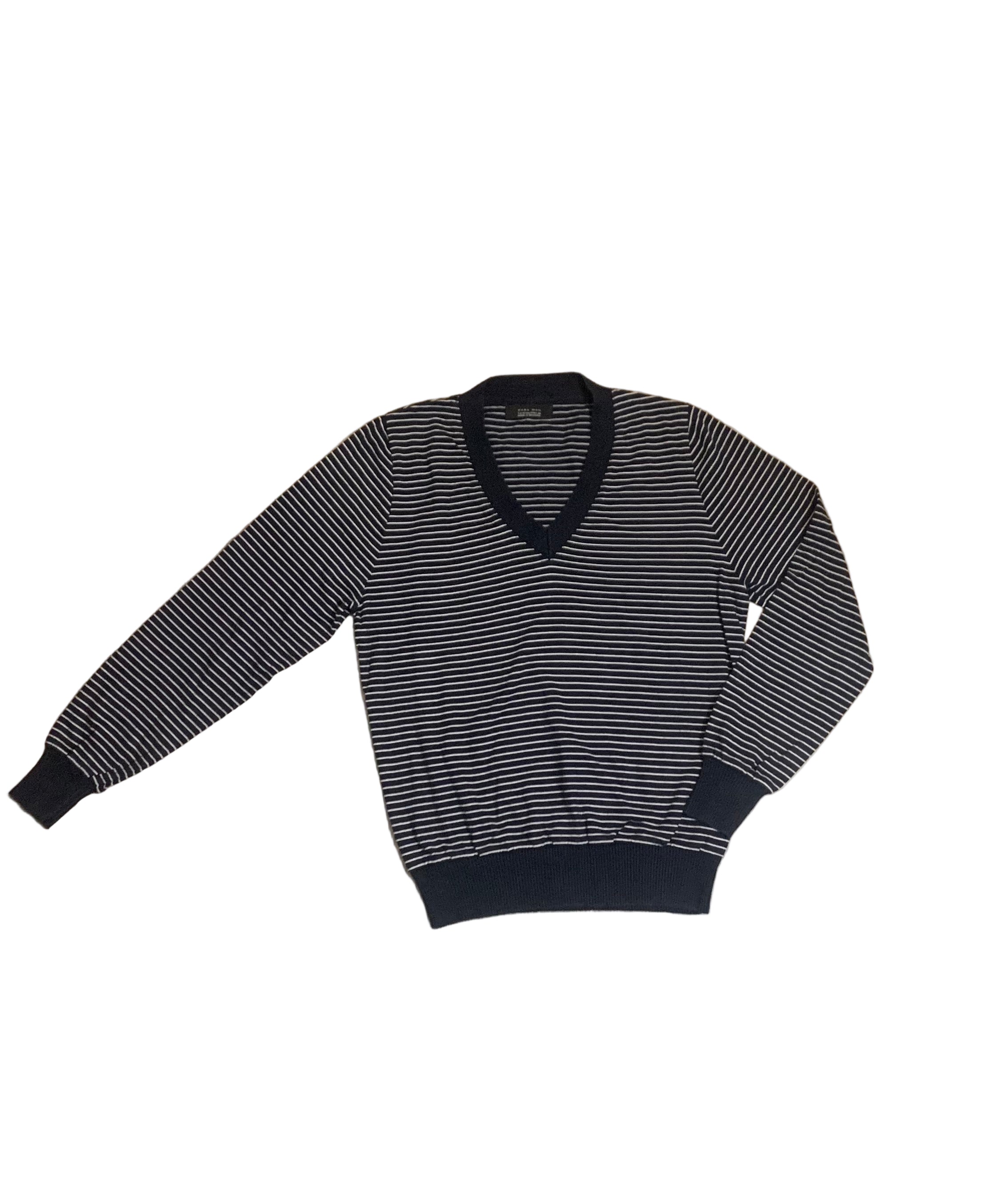 Pull col V bleu marine à rayures blanches – Zara Man