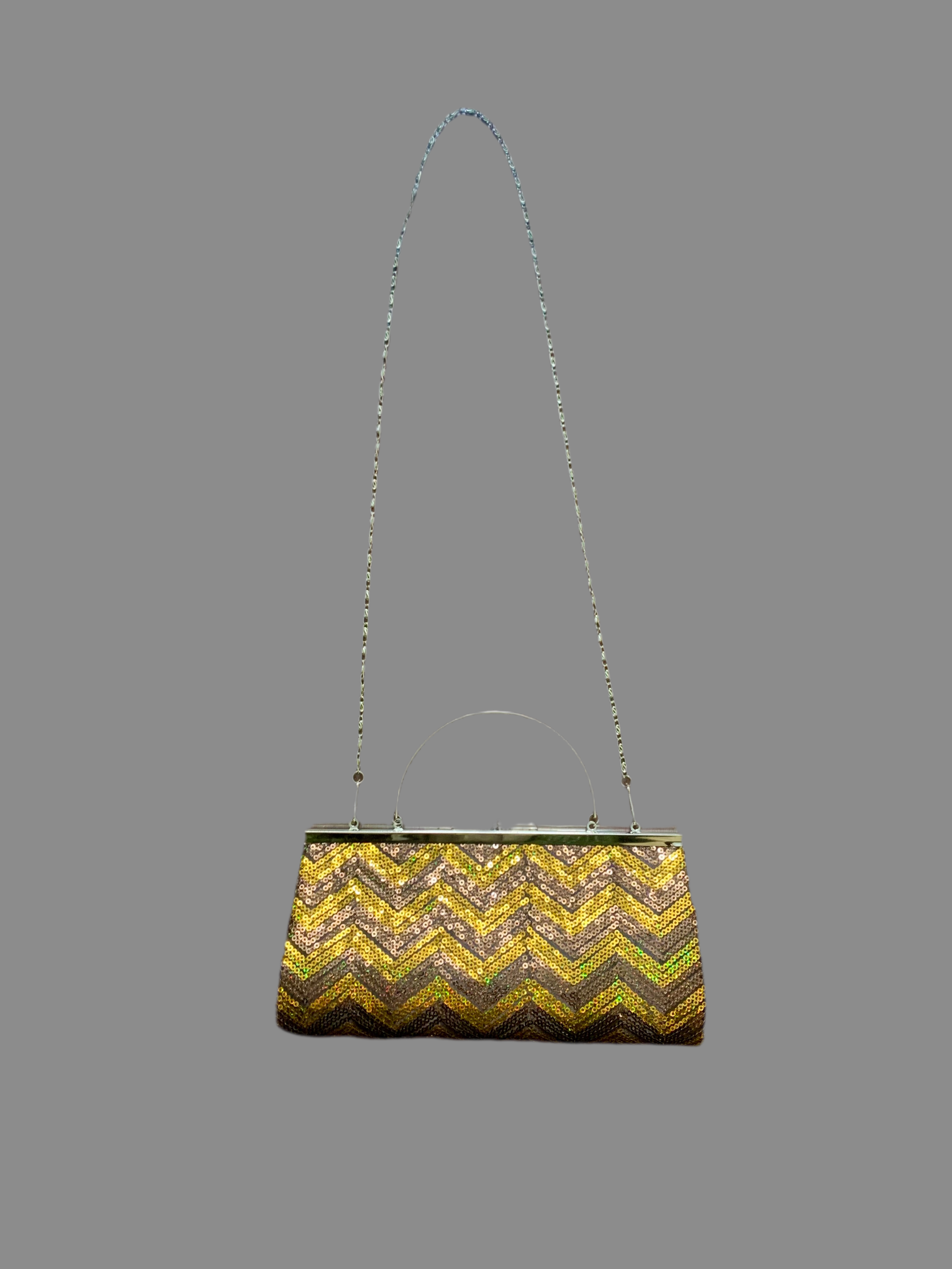 Sac pochette doré et marron à sequins – motif géométrique chevrons