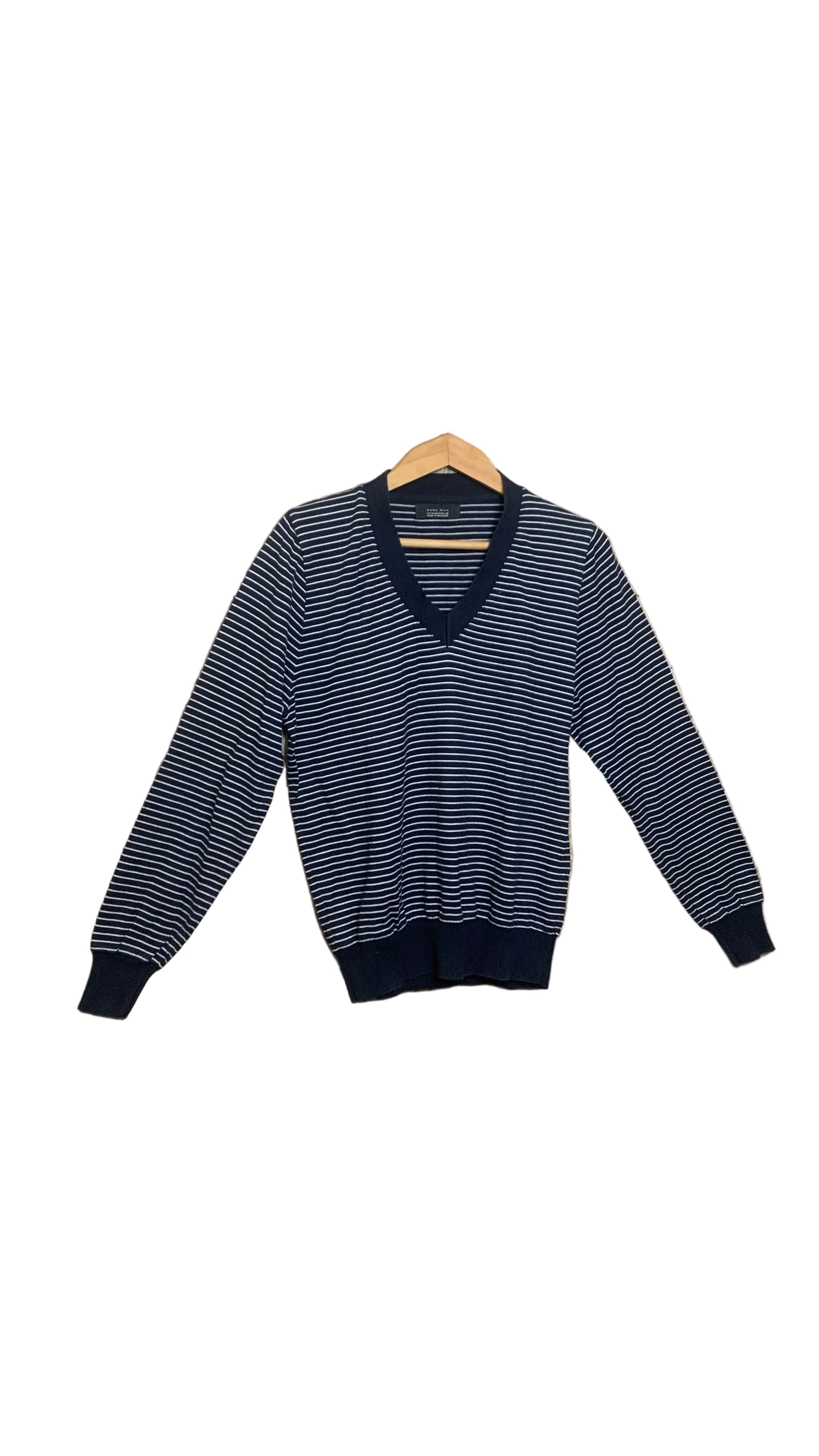 Pull col V bleu marine à rayures blanches – Zara Man