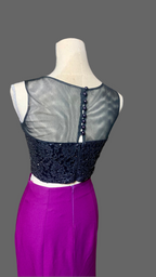 Ensemble de soirée deux pièces - Jupe sirène violette & haut noir en tulle brodé et perlé