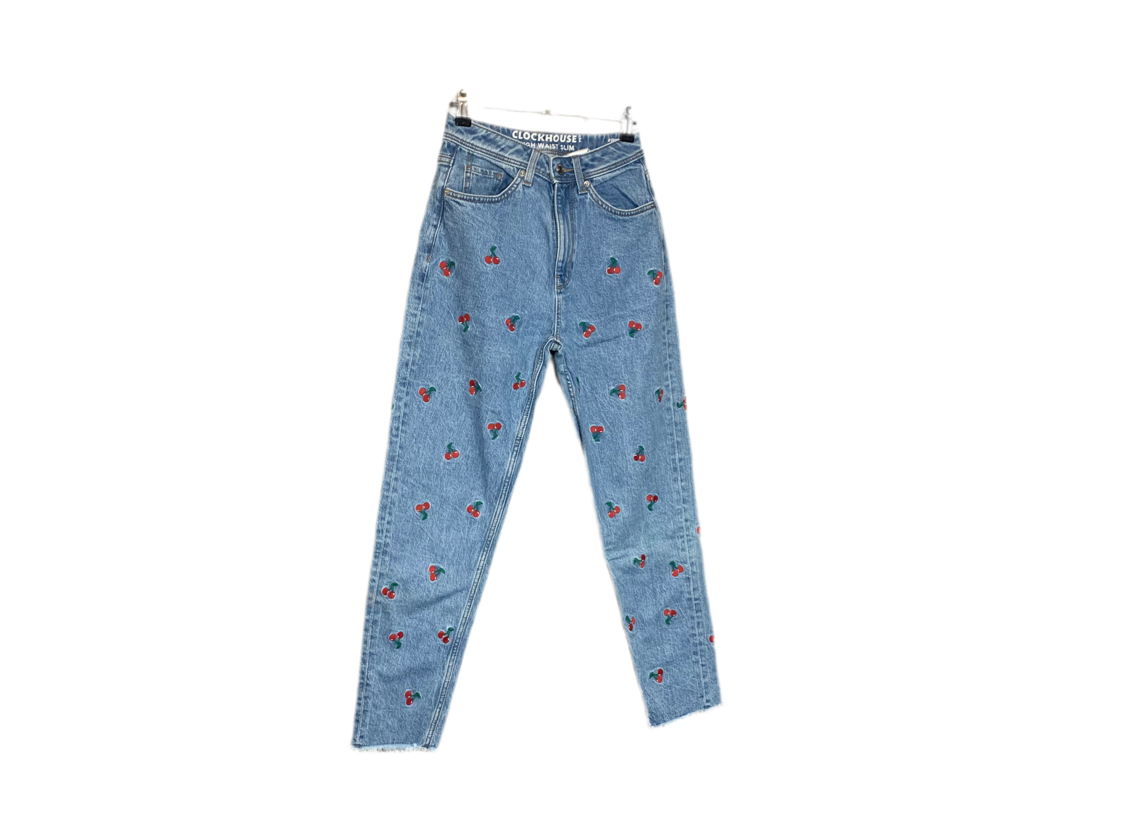 Jean slim taille haute - broderies cerise