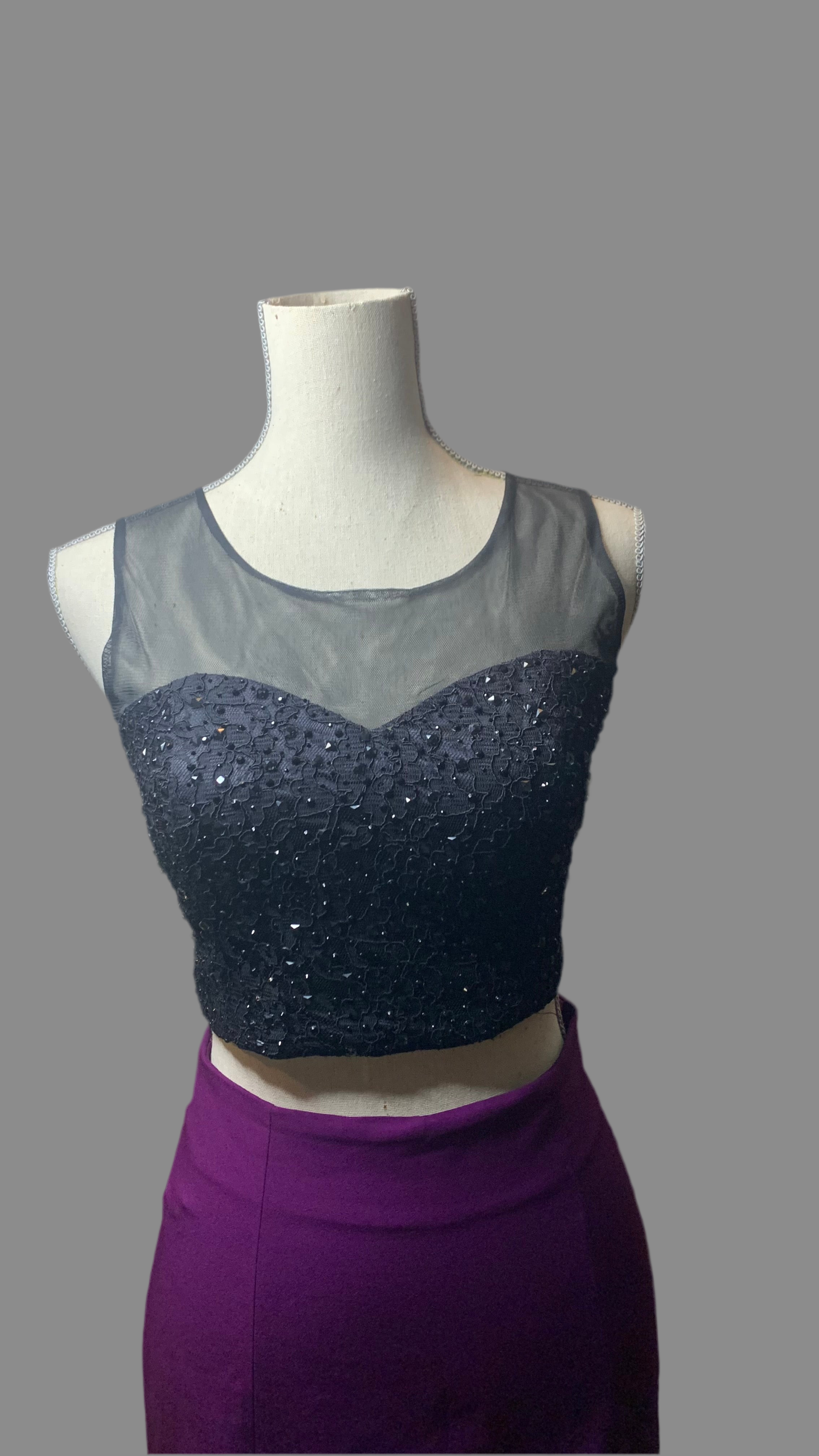 Ensemble de soirée deux pièces - Jupe sirène violette & haut noir en tulle brodé et perlé