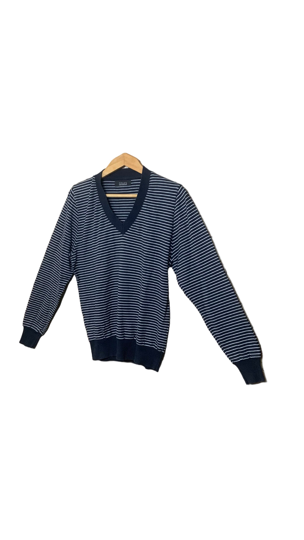 Pull col V bleu marine à rayures blanches – Zara Man