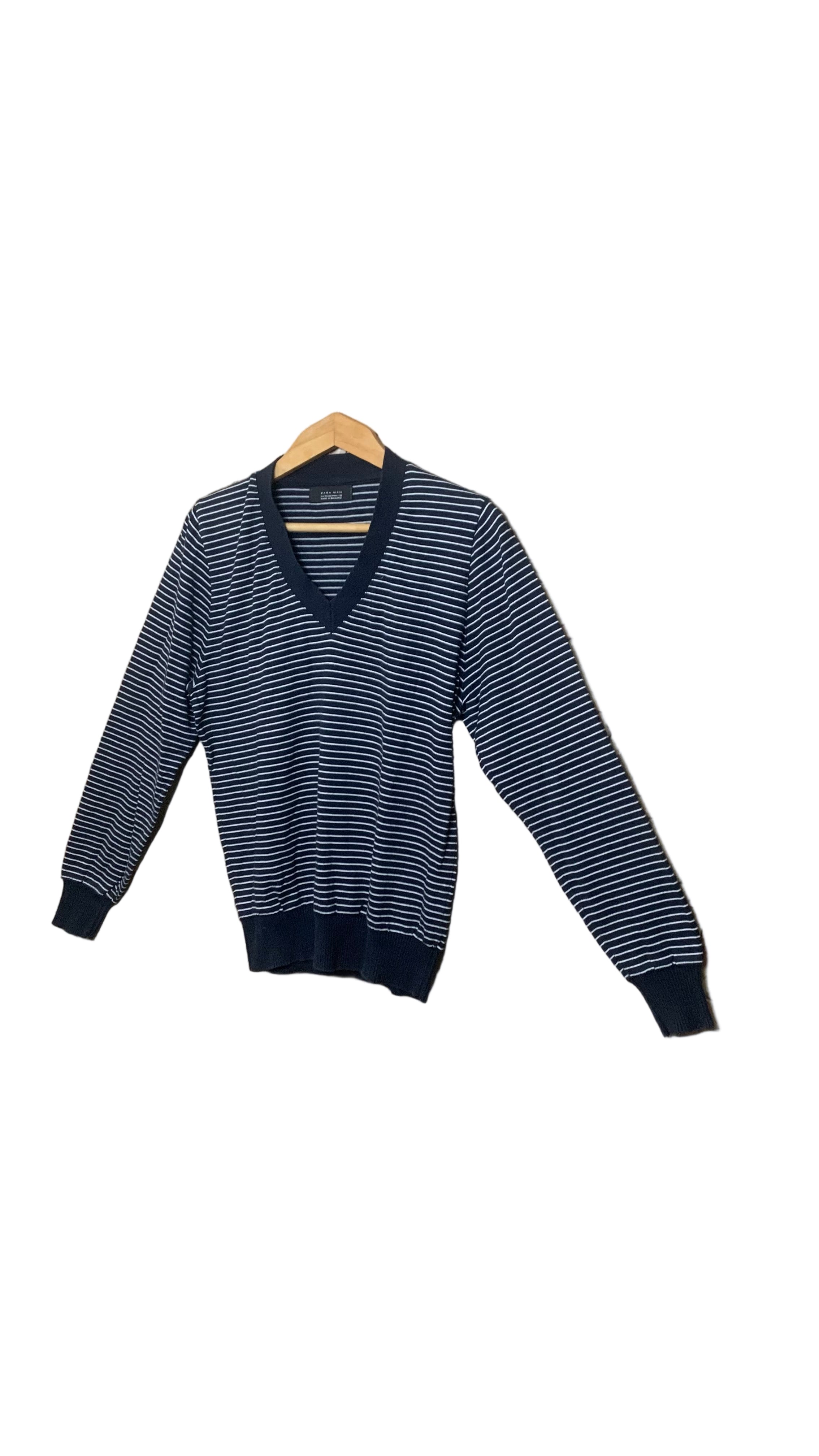 Pull col V bleu marine à rayures blanches – Zara Man