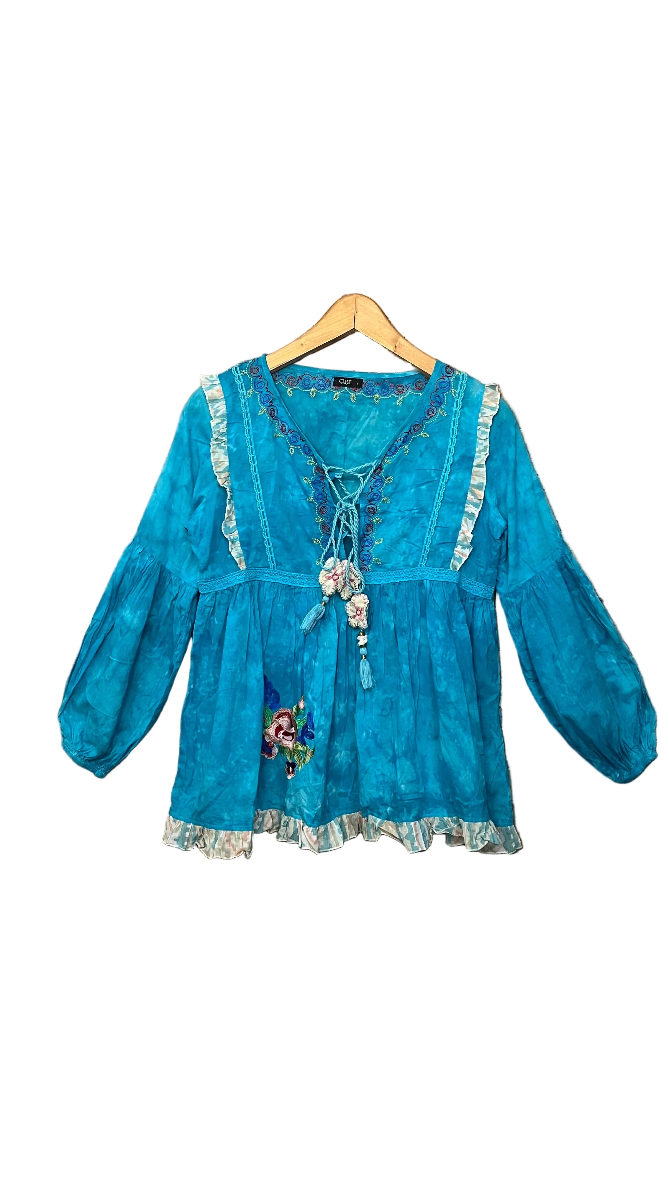 Blouse bohème Skolatt bleu turquoise brodée – 100% coton – T.S – pompons & fleurs
