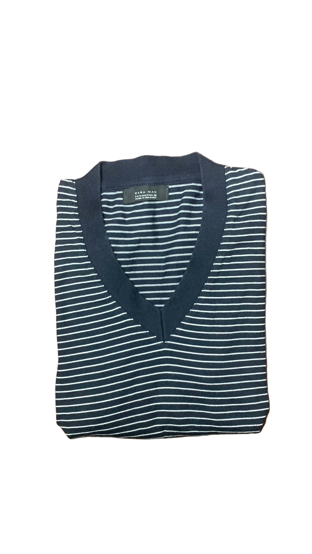 Pull col V bleu marine à rayures blanches – Zara Man