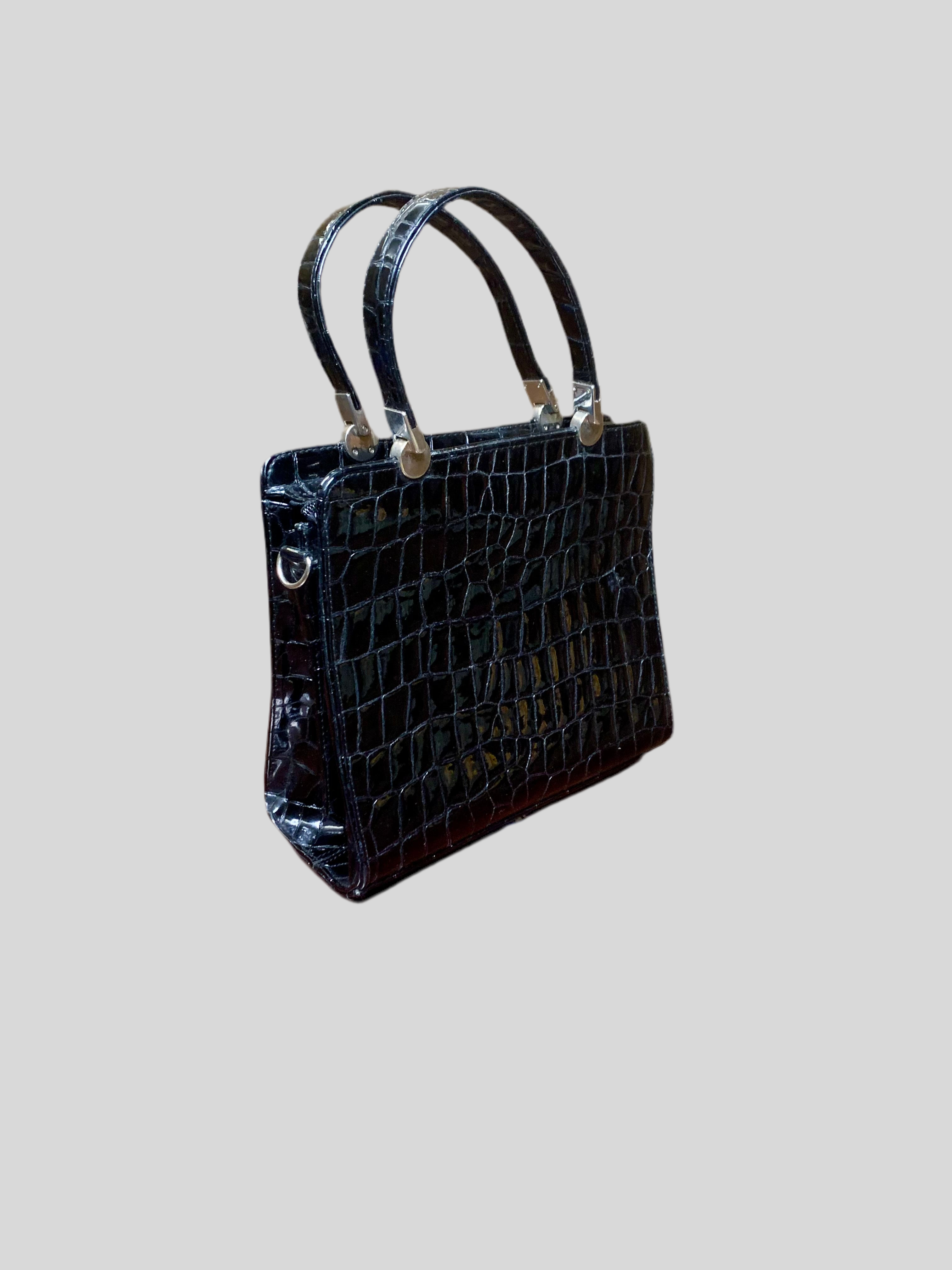 Sac à main noir effet croco vernis