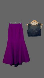 Ensemble de soirée deux pièces - Jupe sirène violette & haut noir en tulle brodé et perlé