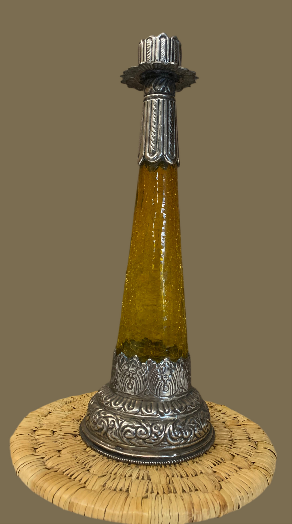 Bougeoir vintage en verre ambré et métal