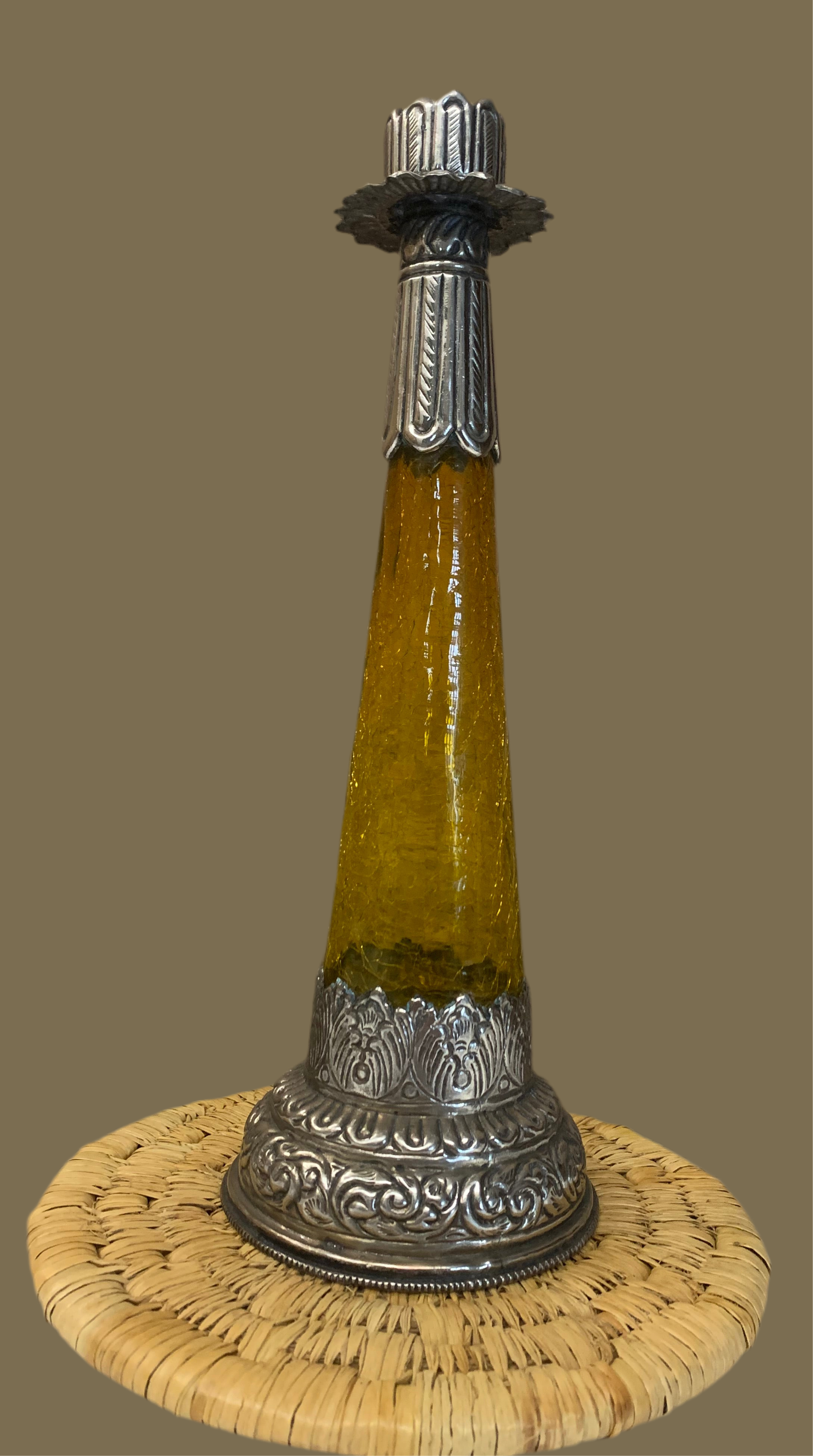 Bougeoir vintage en verre ambré et métal