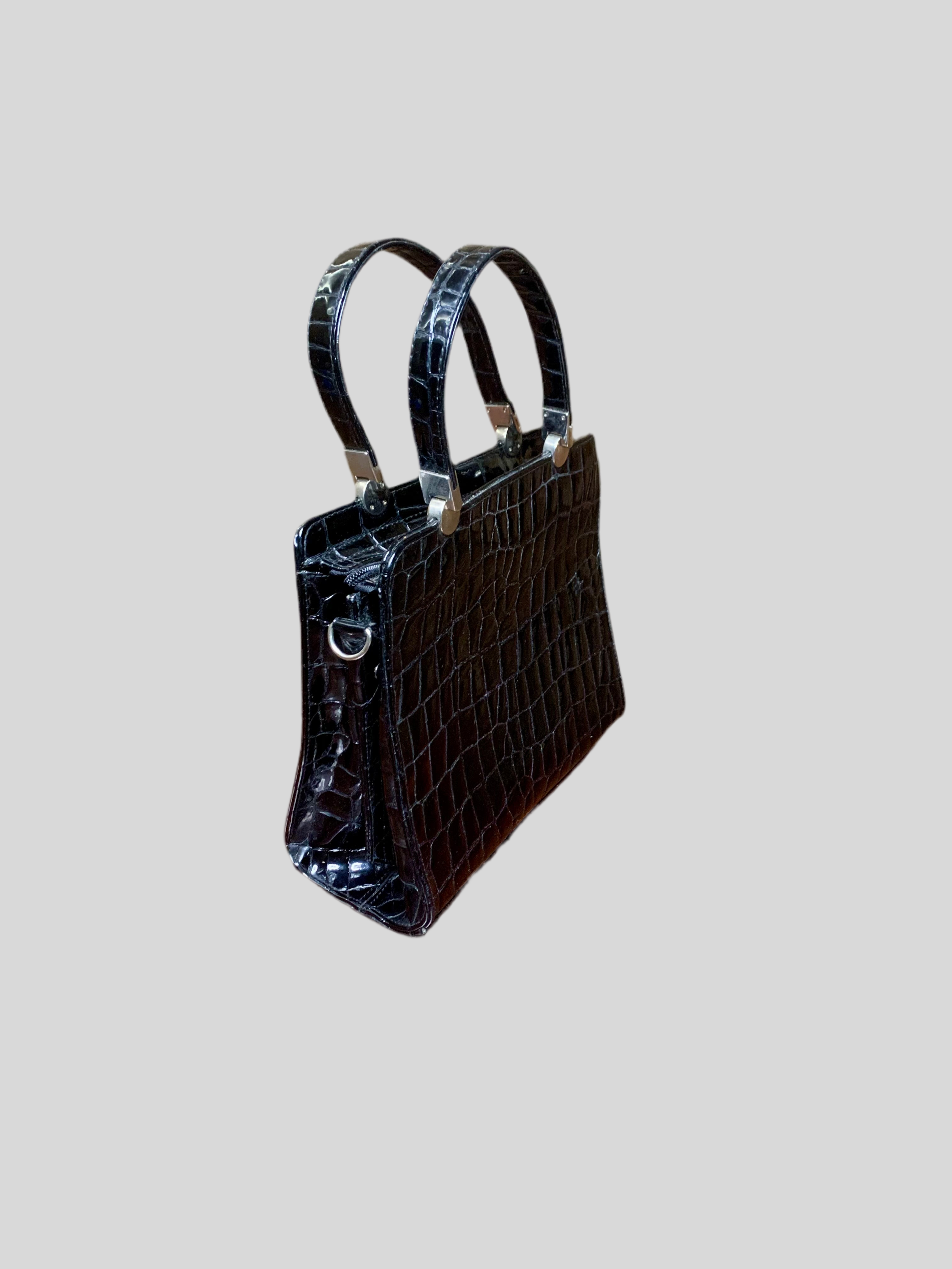 Sac à main noir effet croco vernis