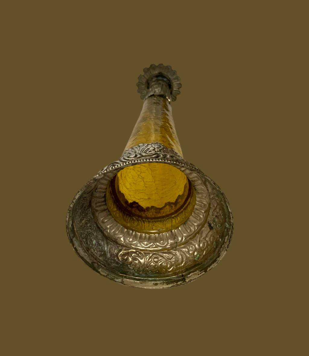 Bougeoir vintage en verre ambré et métal
