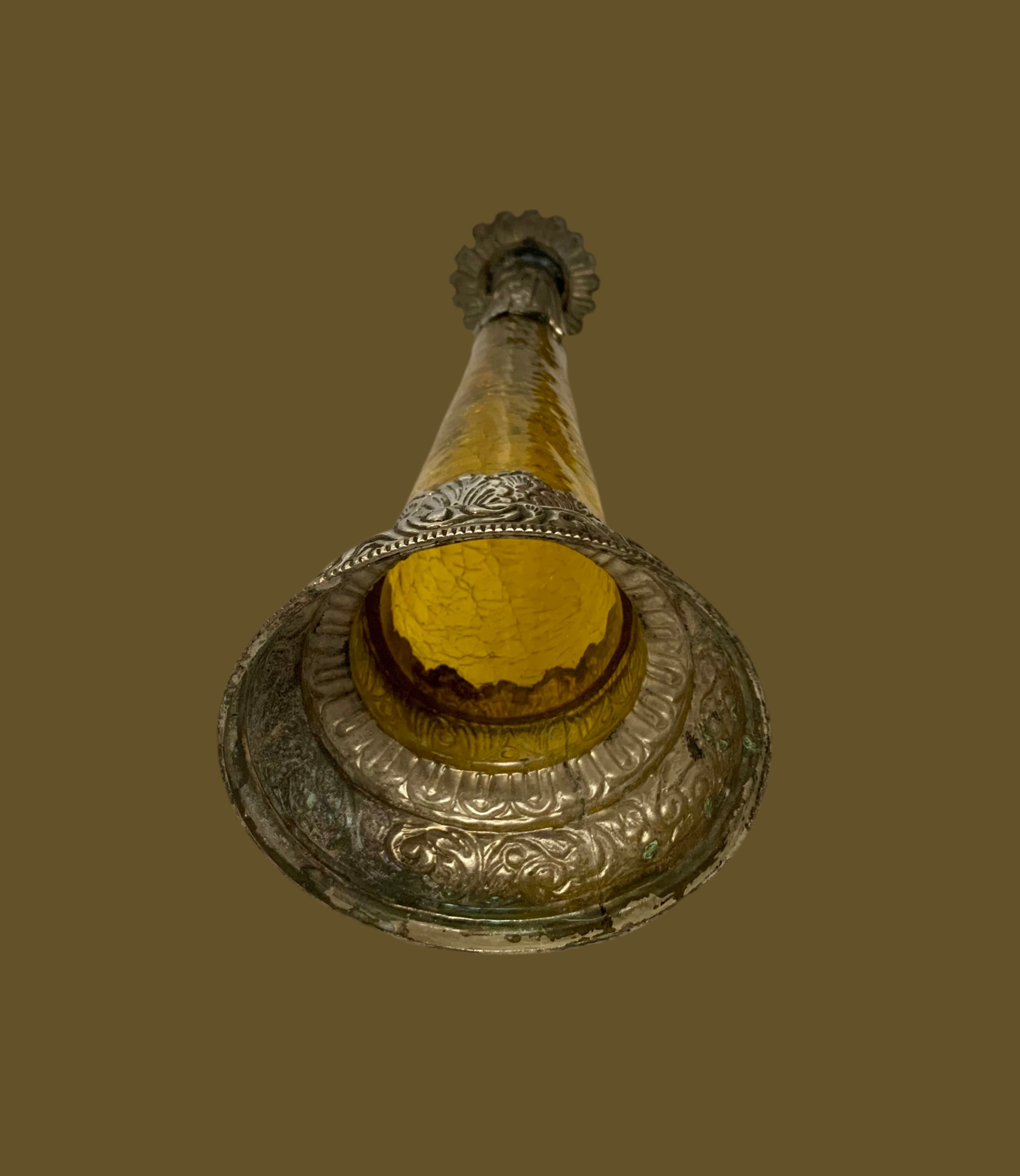 Bougeoir vintage en verre ambré et métal