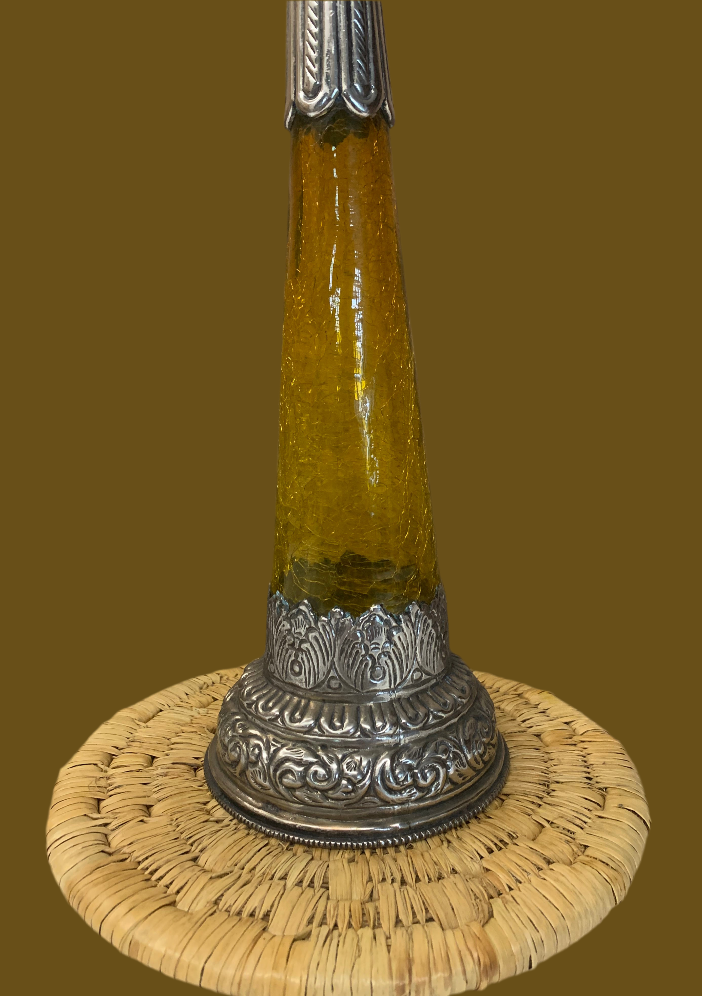Bougeoir vintage en verre ambré et métal