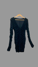 Mini-robe froncée noire à manches longues en tulle - petite